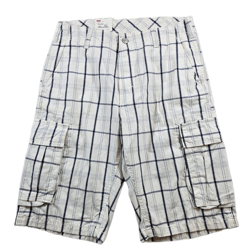Levi's Cargo Shorts Mens 30 White Navy Plaid Cotton Relaxed Fit 505 Short NEW